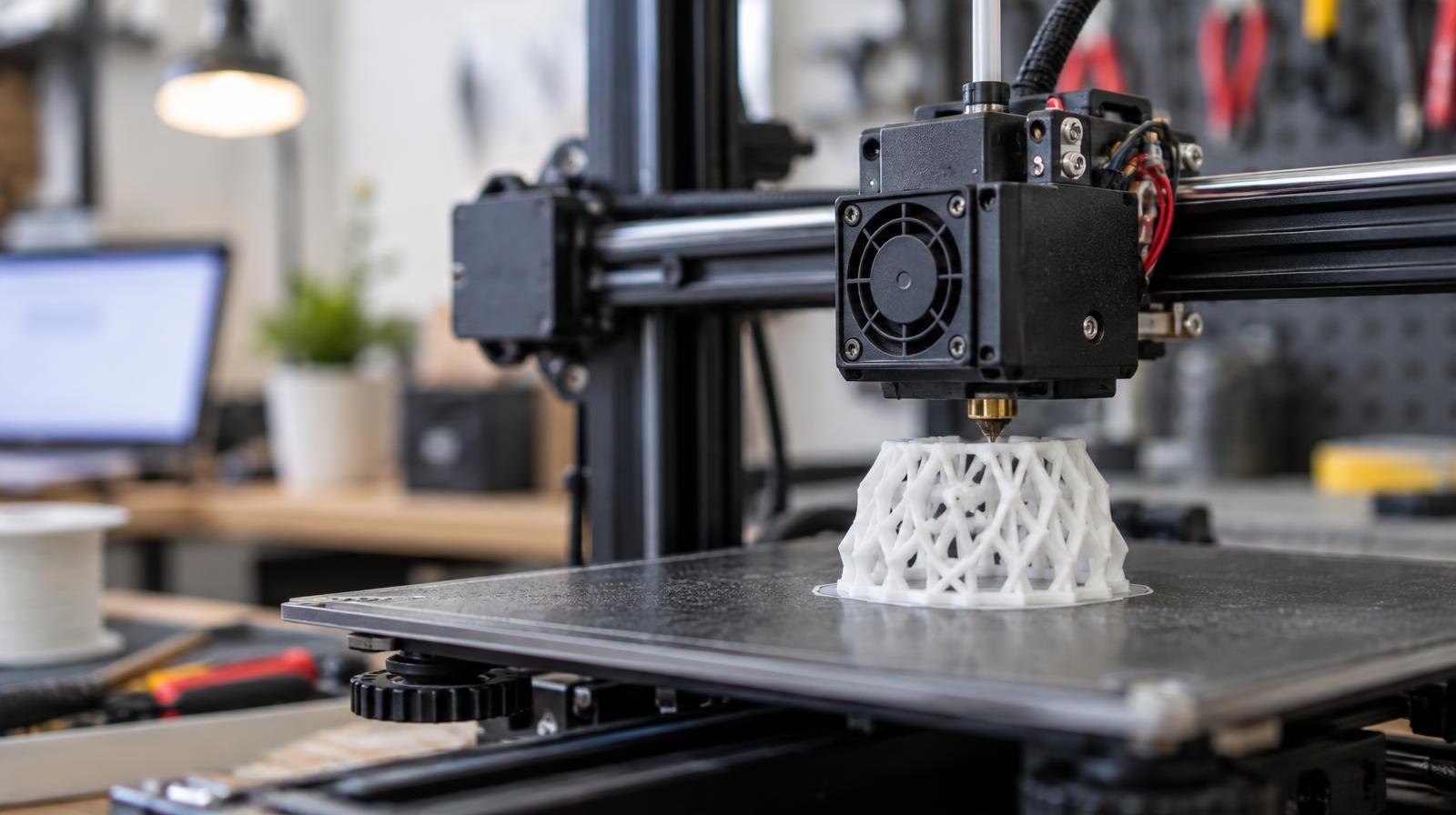 A desktop 3D printer extruding white filament to form a geometric lattice structure.