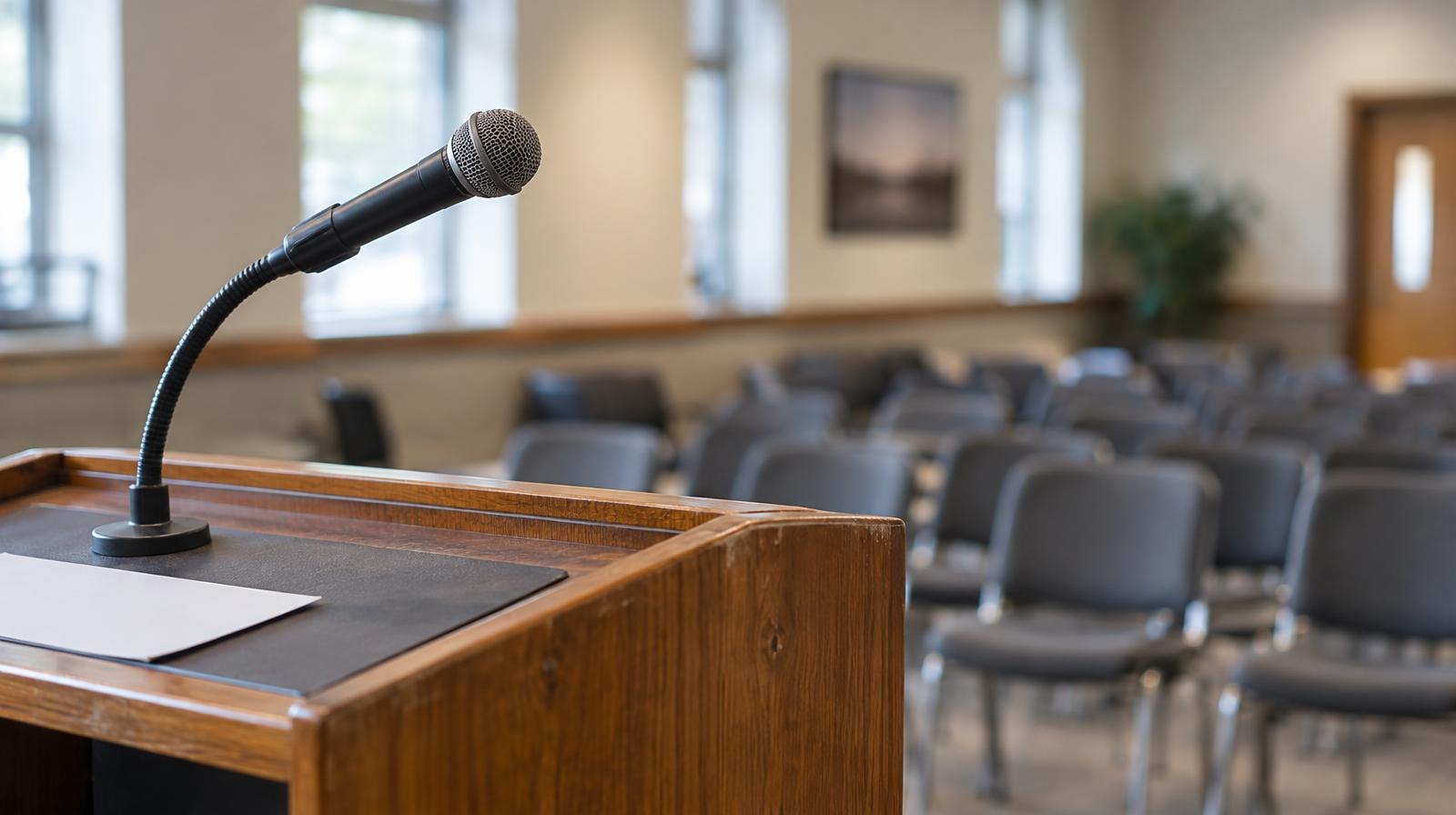 A wooden podium microphone in front of rows of empty chairs in a meeting room.