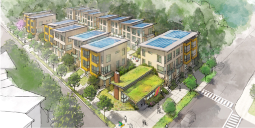 Architectural rendering of three-story townhomes with solar panels arranged around a green central courtyard.