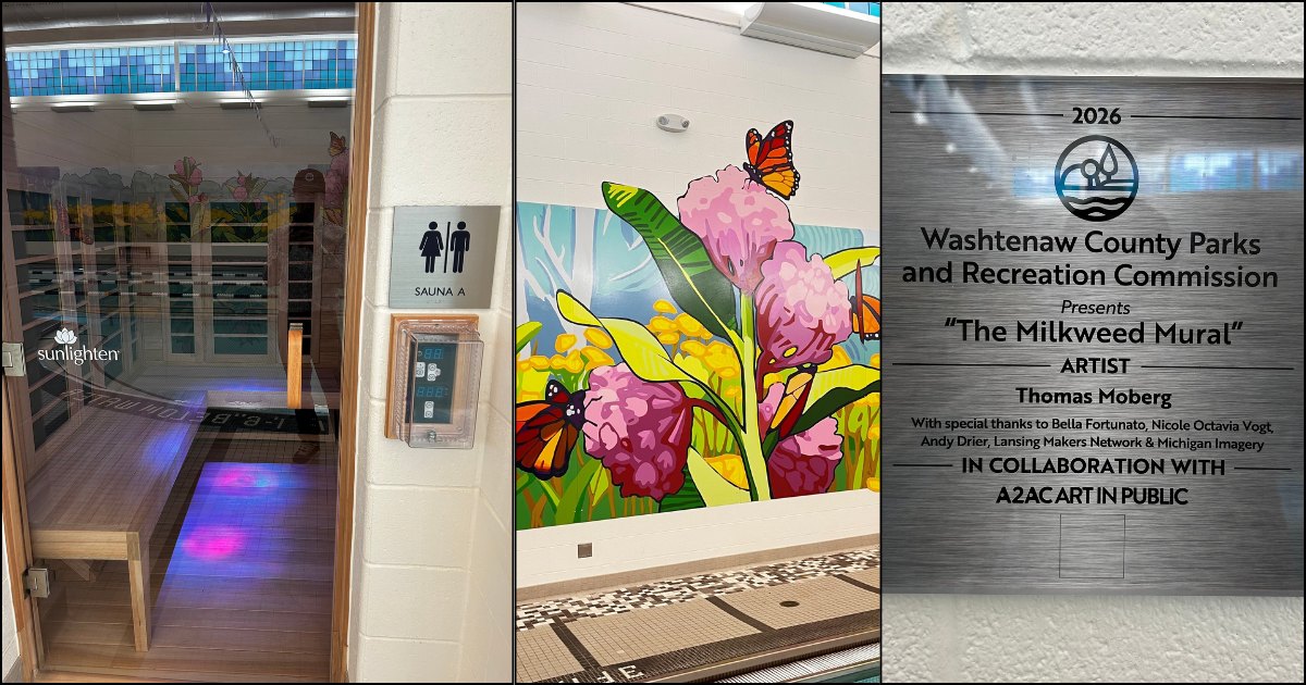 Composite of a sauna room with blue lighting, a colorful milkweed mural, and a bronze dedication plaque.