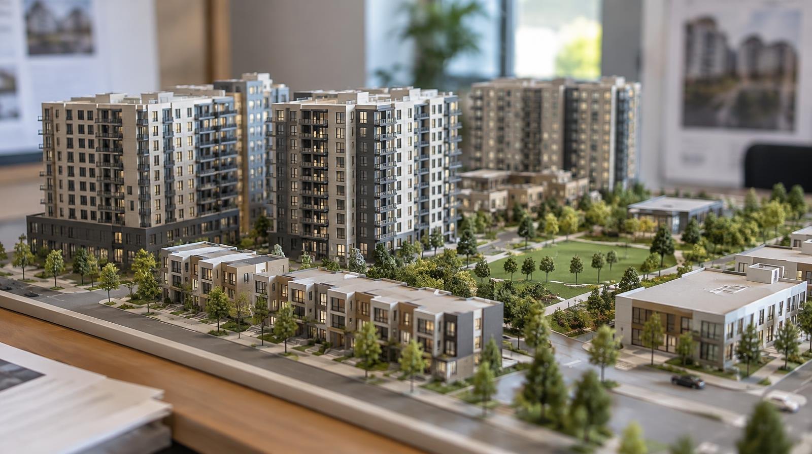Architectural scale model showing apartment towers, townhouses, and green space.