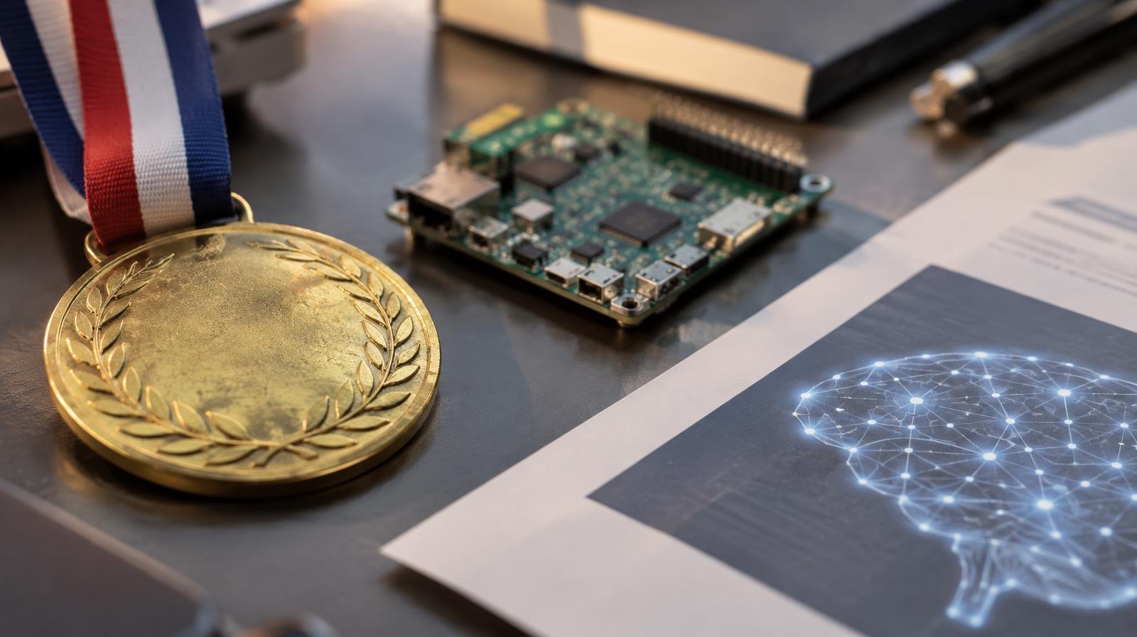 Gold medal resting next to a circuit board and printed neural network diagram.