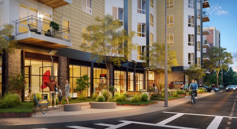 Architectural rendering of a multi-story apartment building with ground-floor retail and a landscaped sidewalk area.