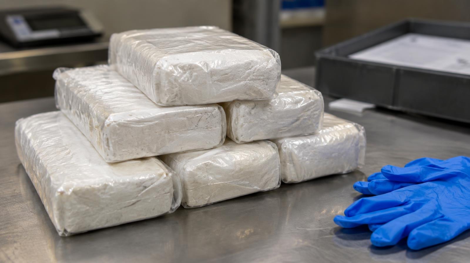 Heat-sealed packages of white powder on a stainless steel table beside blue nitrile gloves.