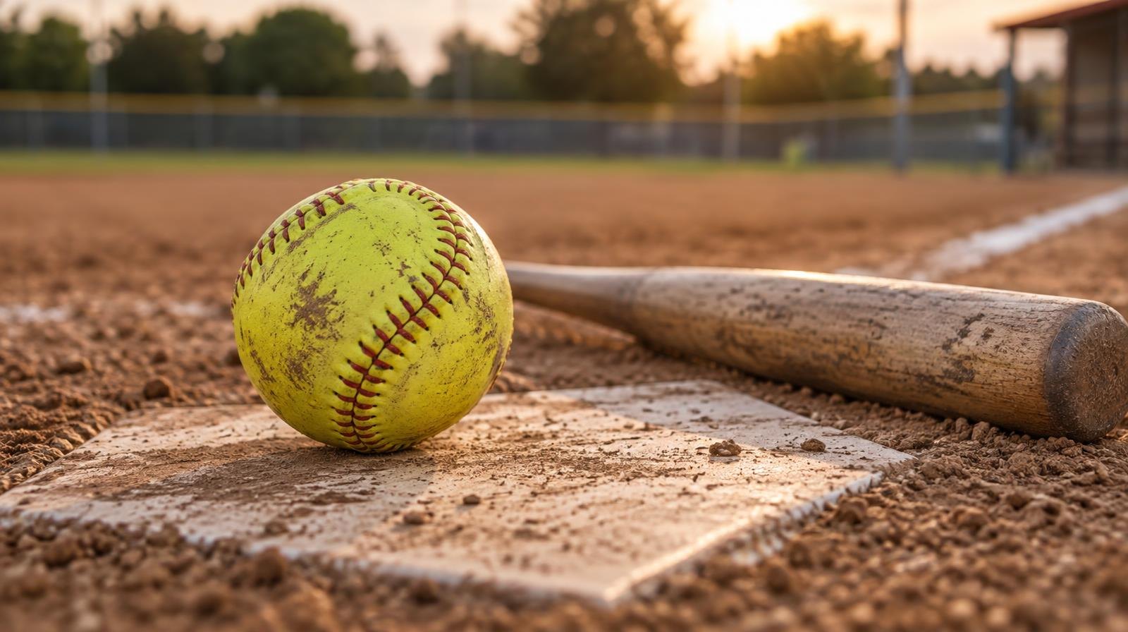 A yellow softball resting on home plate beside a wooden bat on a dirt infield.