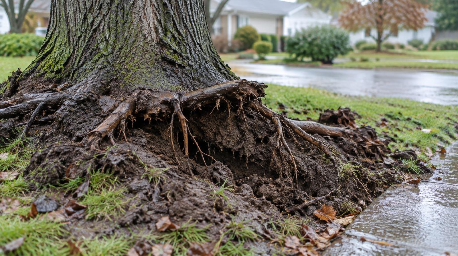 Large mature tree with exposed, partially uprooted roots and wet heaving soil at its base.