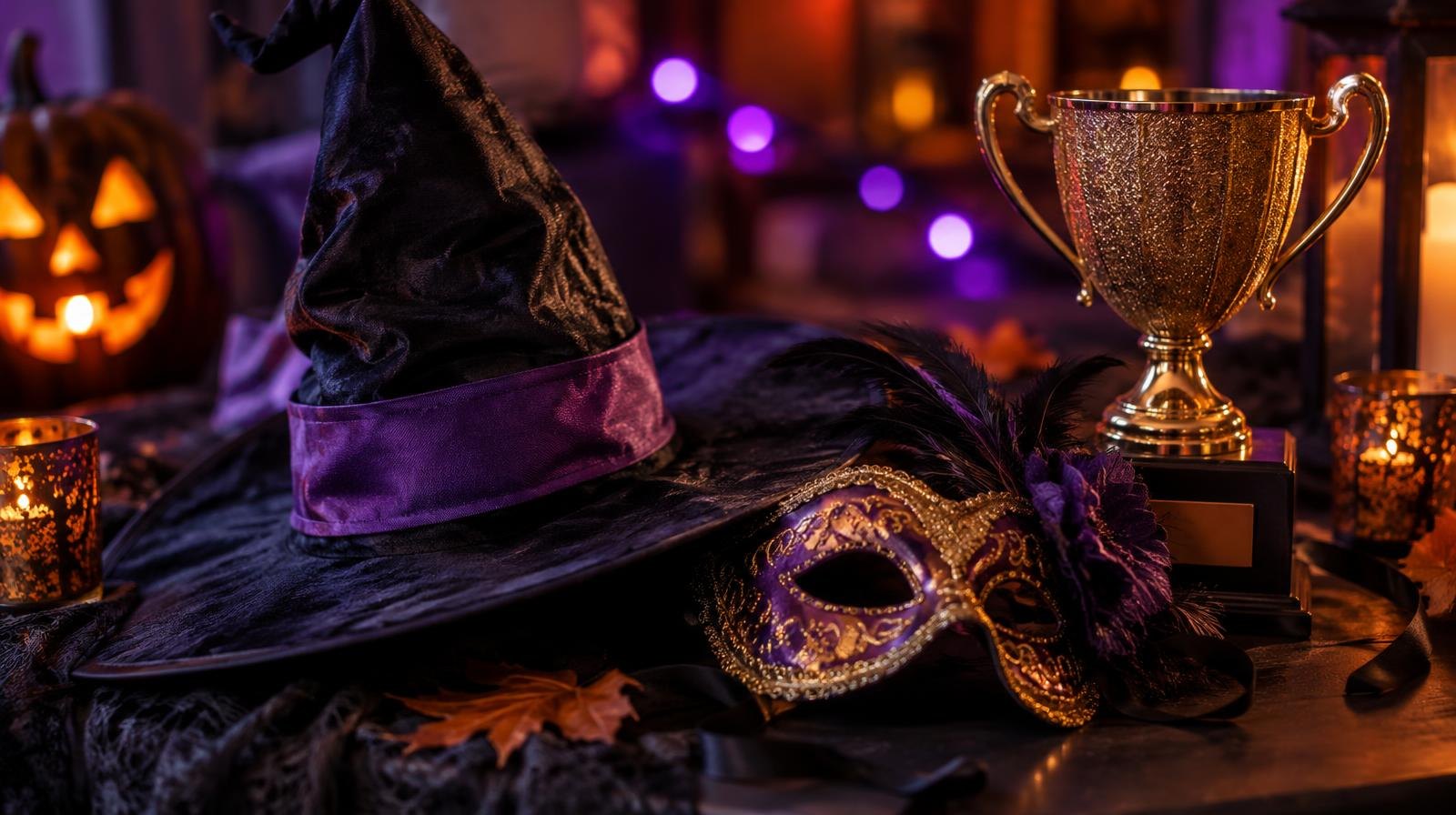 Witch hat, masquerade mask, and glittery trophy on a dark surface with Halloween lighting.
