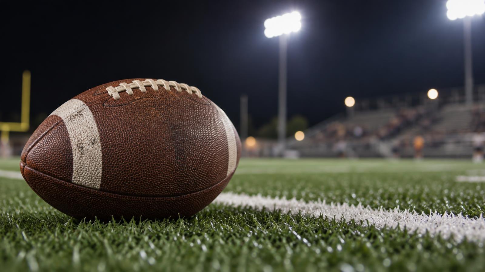 An American football resting on green turf beside a white yard line under bright lights.