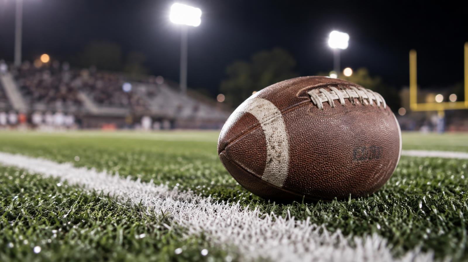 An American football resting on green turf beside a white yard line at night.
