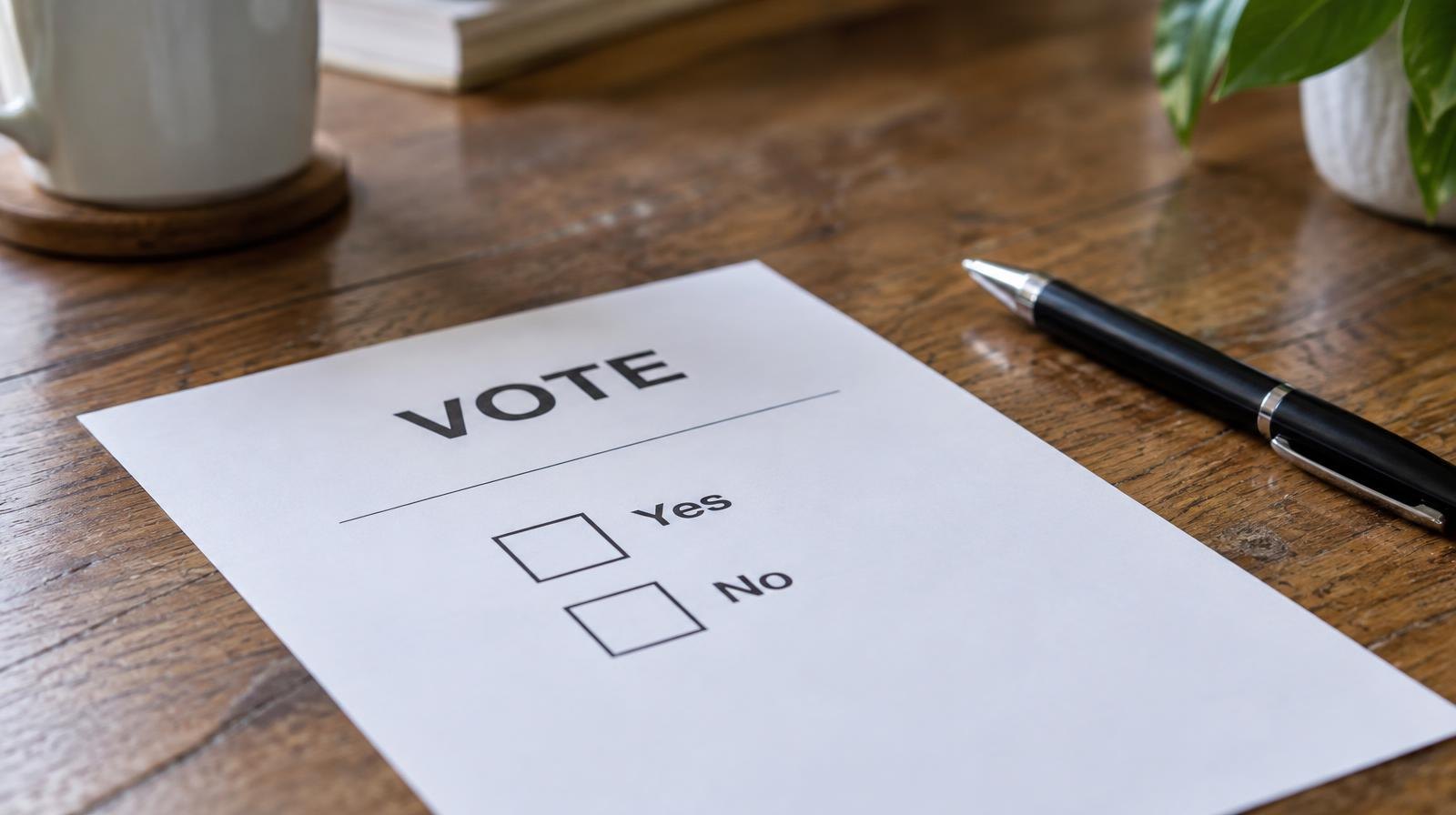 A blank paper ballot with yes and no checkboxes beside a black pen on a wooden table.