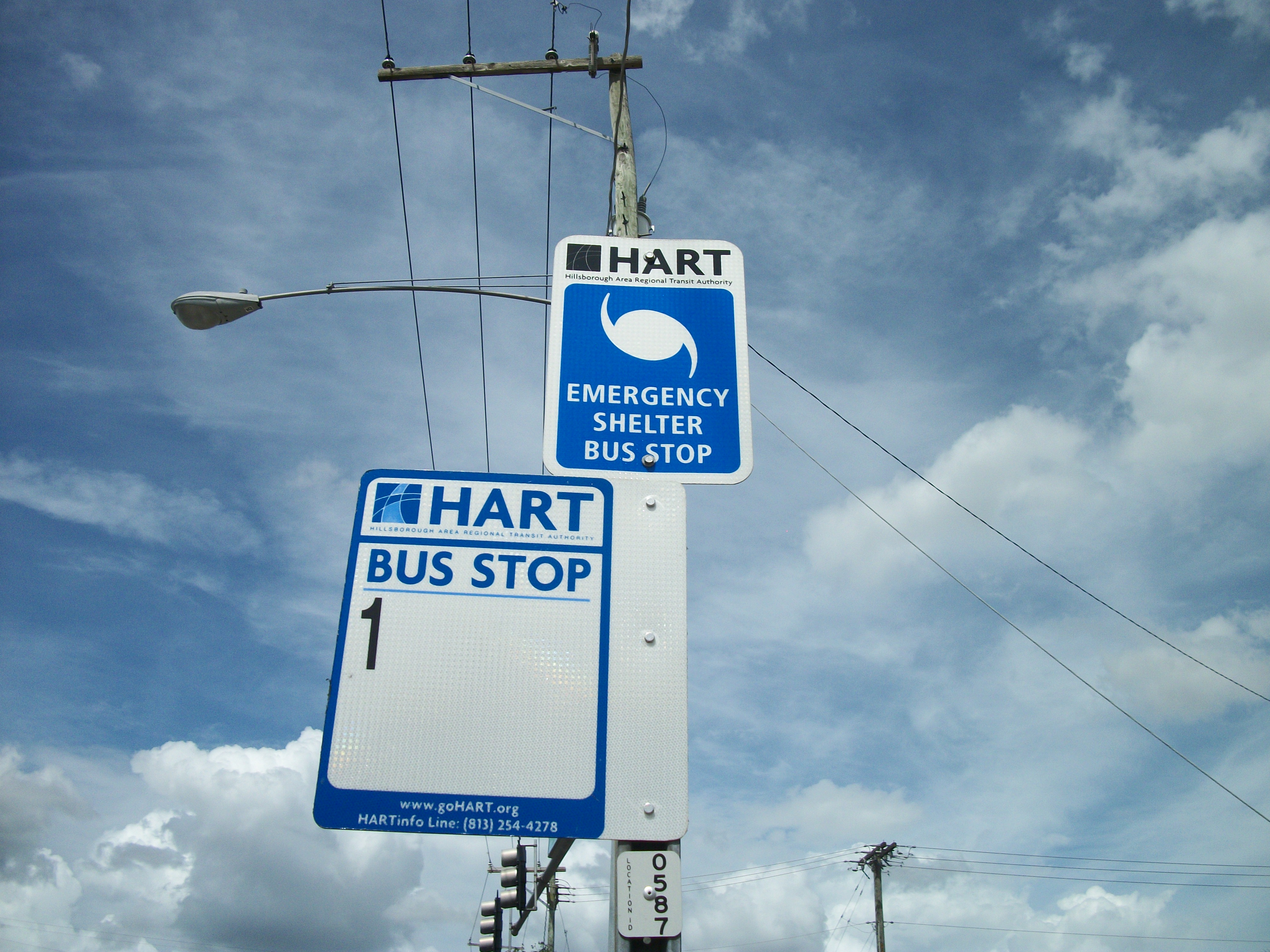 Blue transit bus stop sign reading 'HART Emergency Shelter Bus Stop' with a hurricane symbol, mounted on a utility pole.