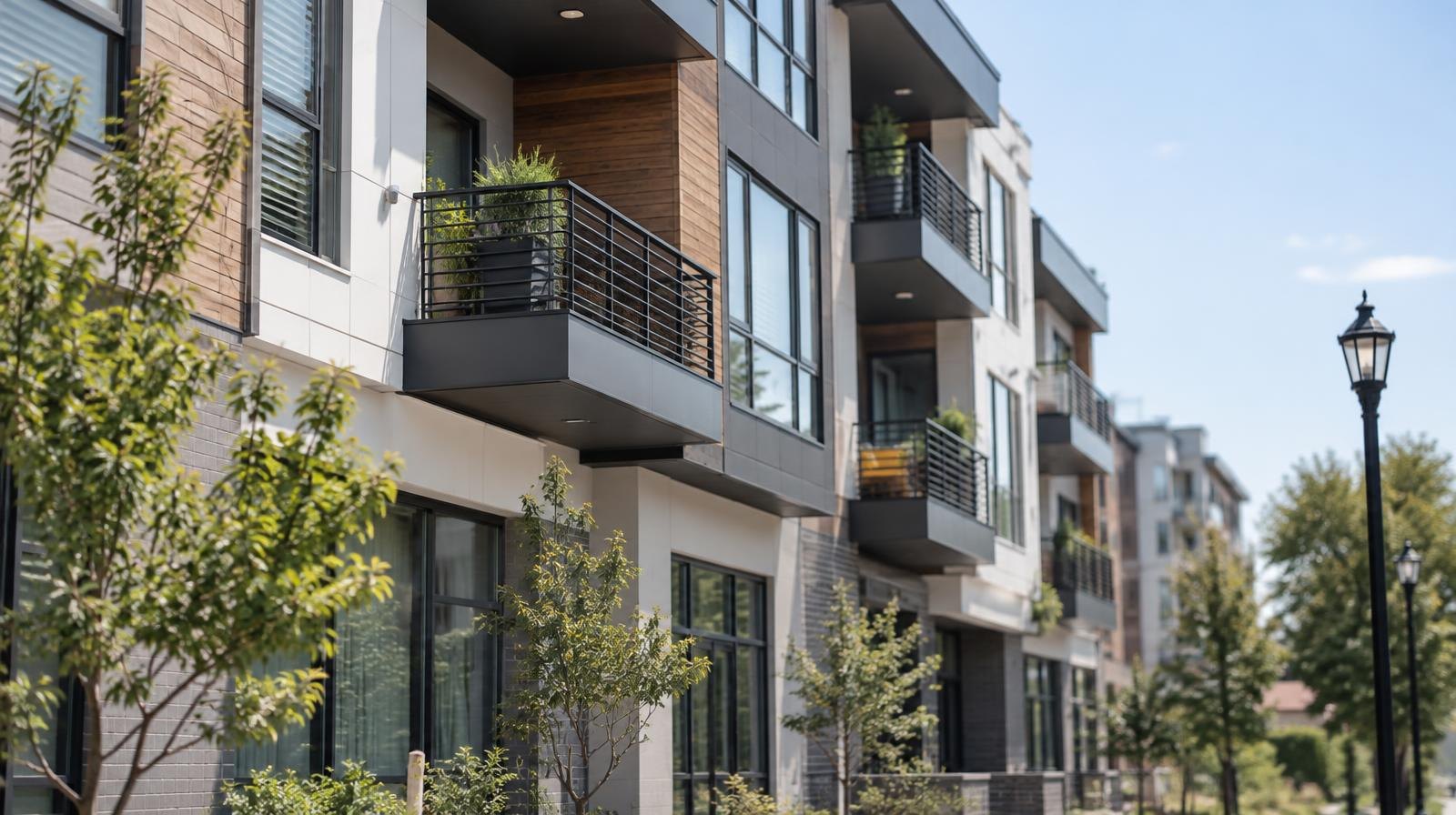 A modern four-story apartment building with balconies and large windows under a clear sky.