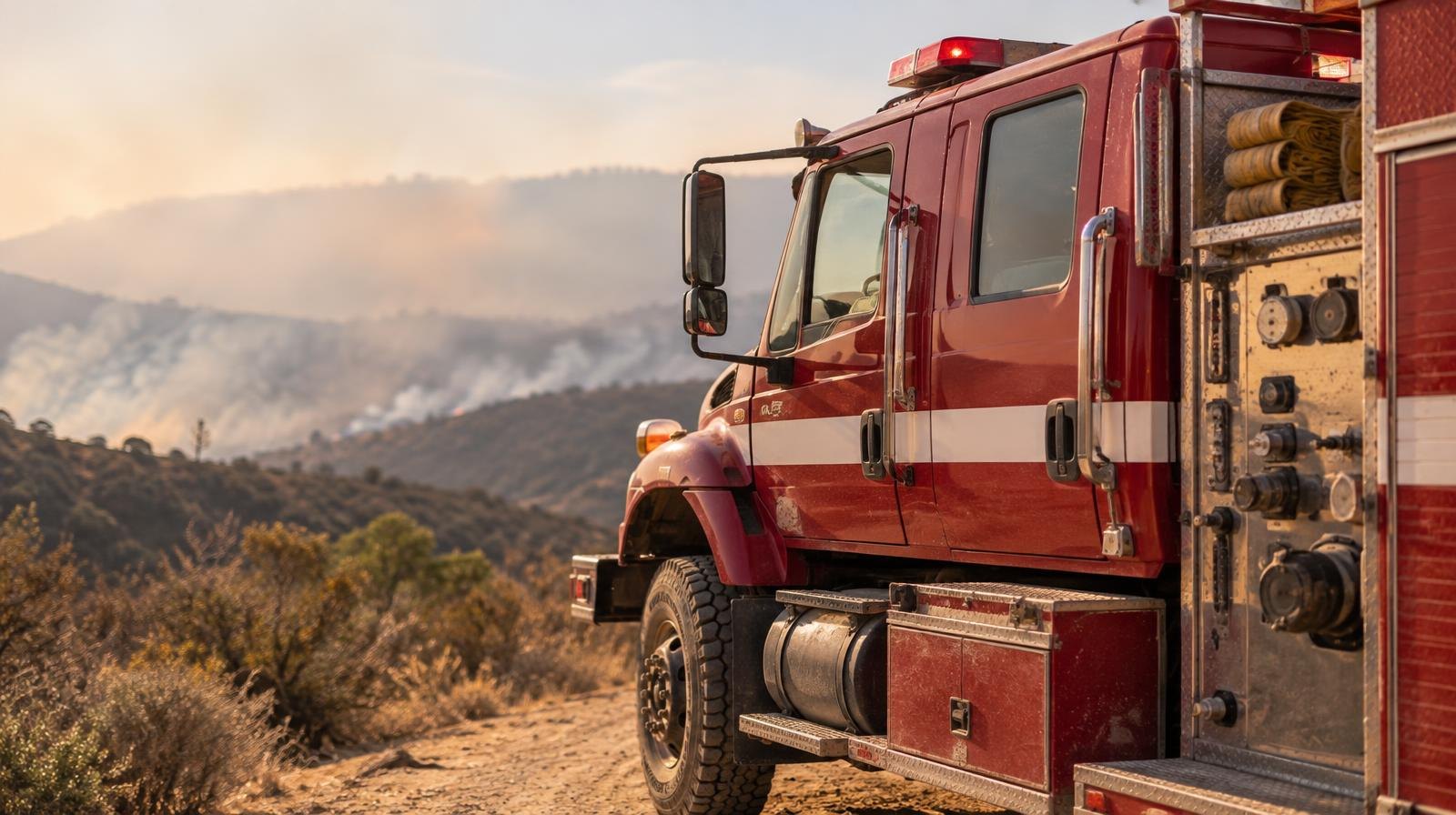 A red fire engine parked on a dirt road beside dry brush under a smoky sky.