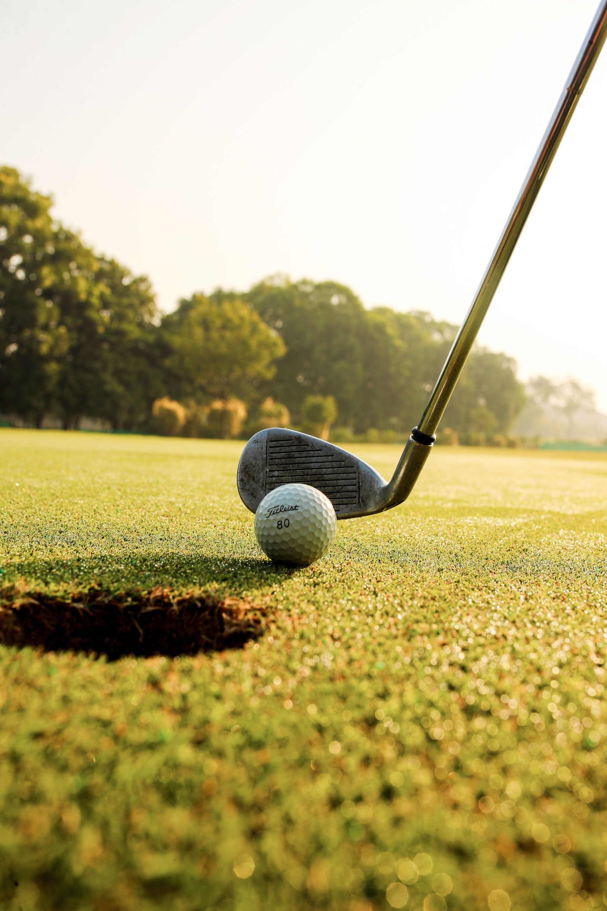 Closeup of golf ball placed on green grassy court against golf club.