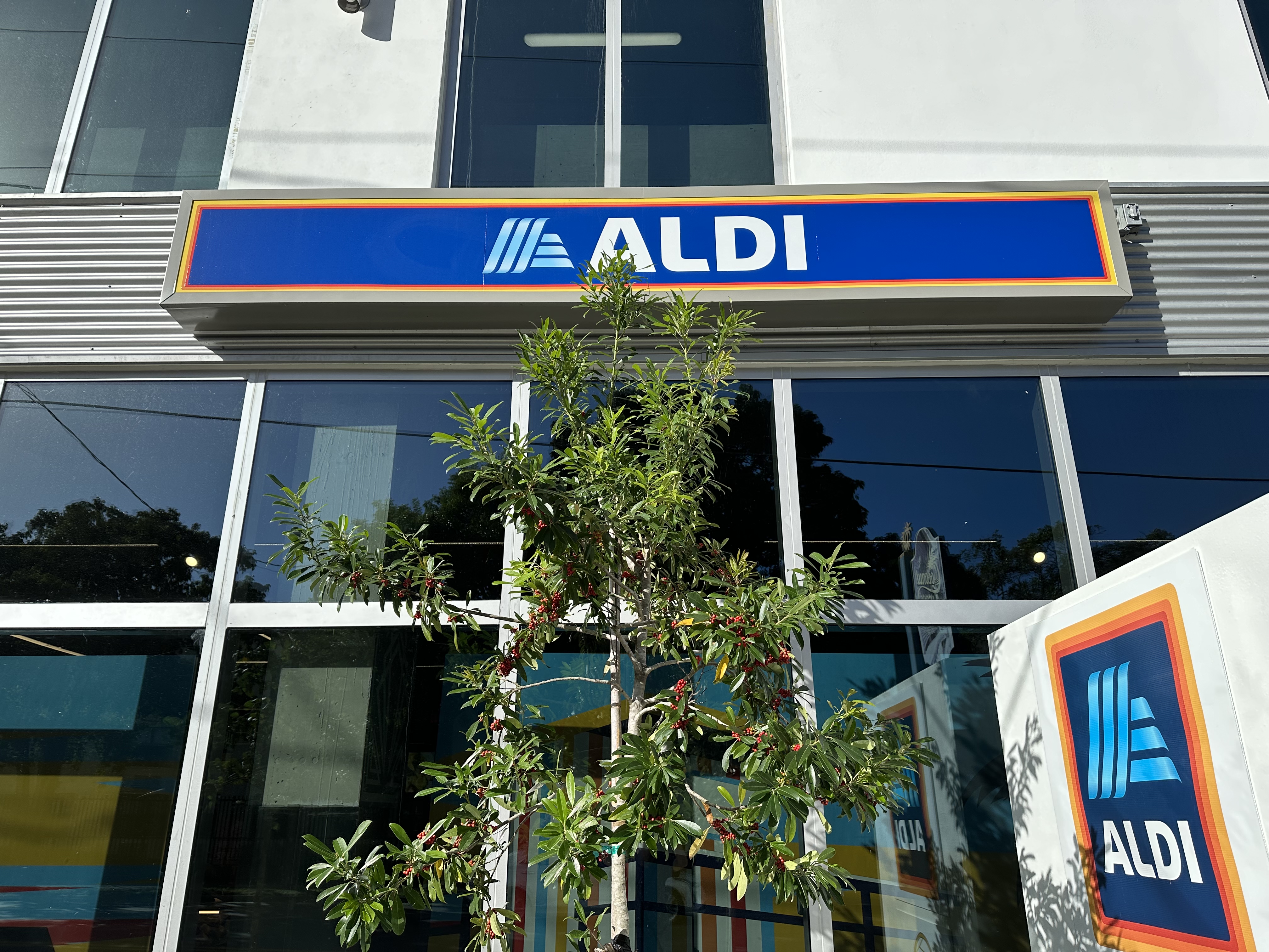 Modern Aldi grocery store facade with blue and orange signage and glass entrance.