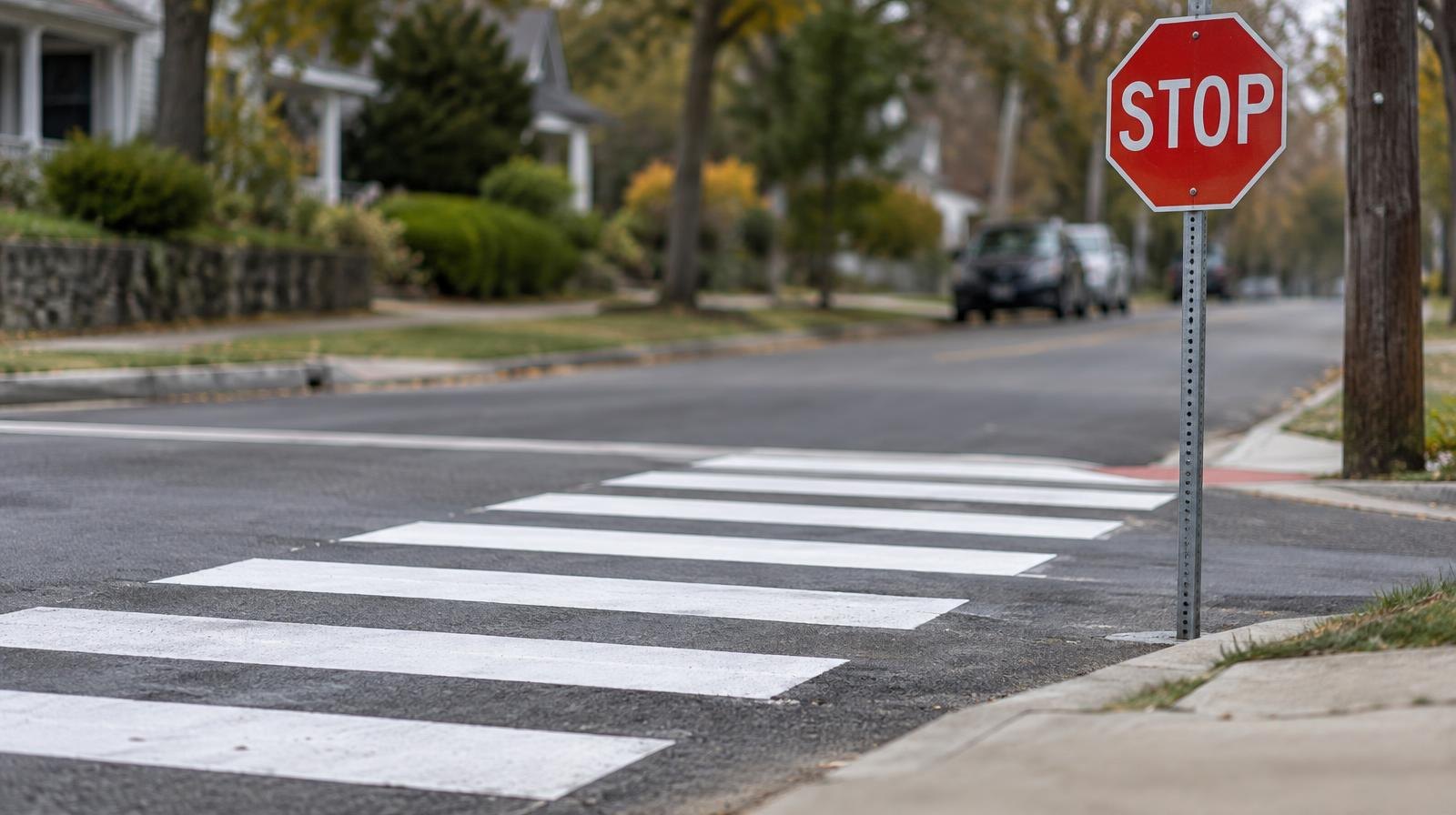 Freshly painted piano-key crosswalk stripes on a residential street with a red stop sign at the corner.