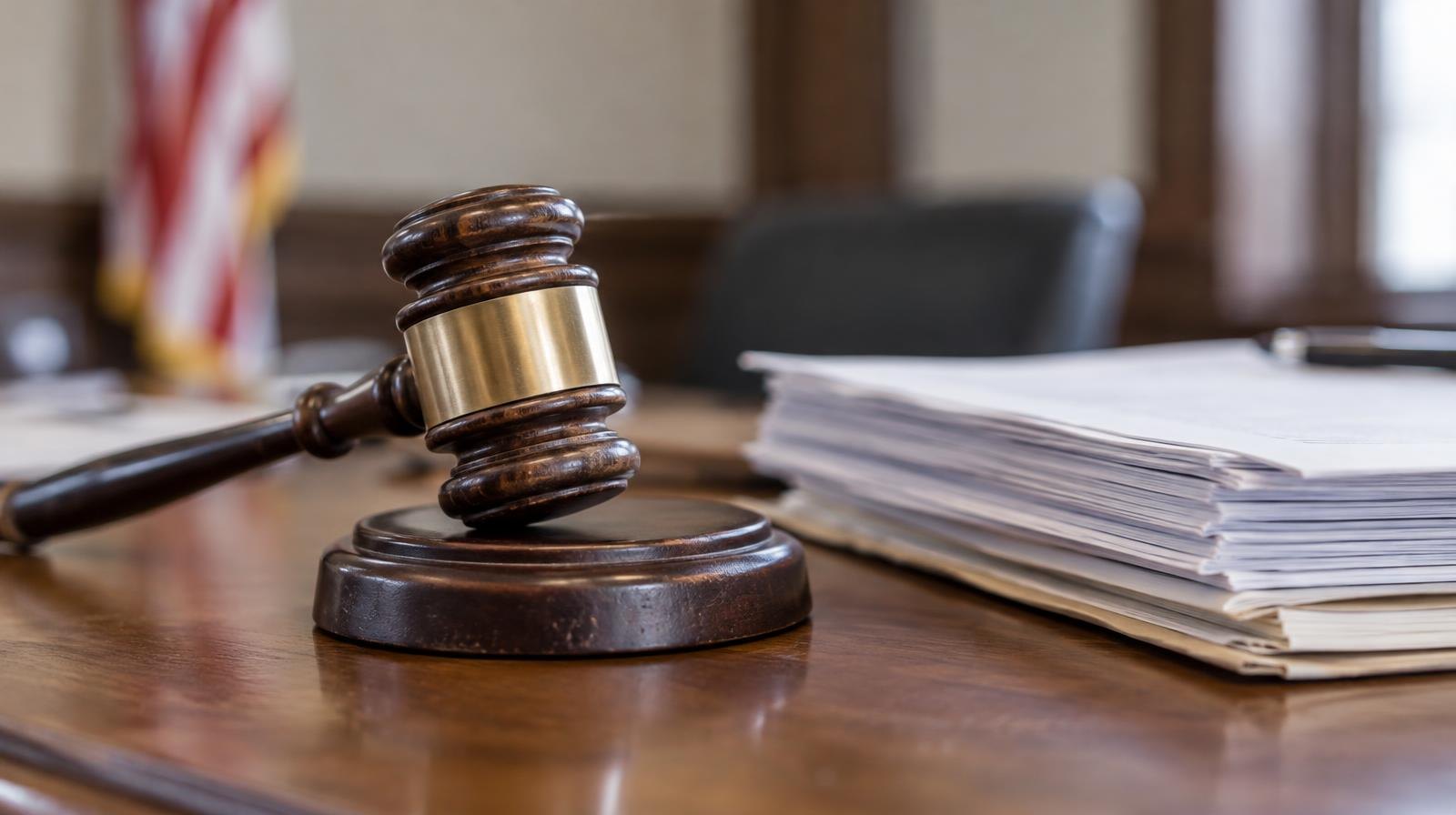 Wooden gavel resting on its sound block next to stacked legal papers.
