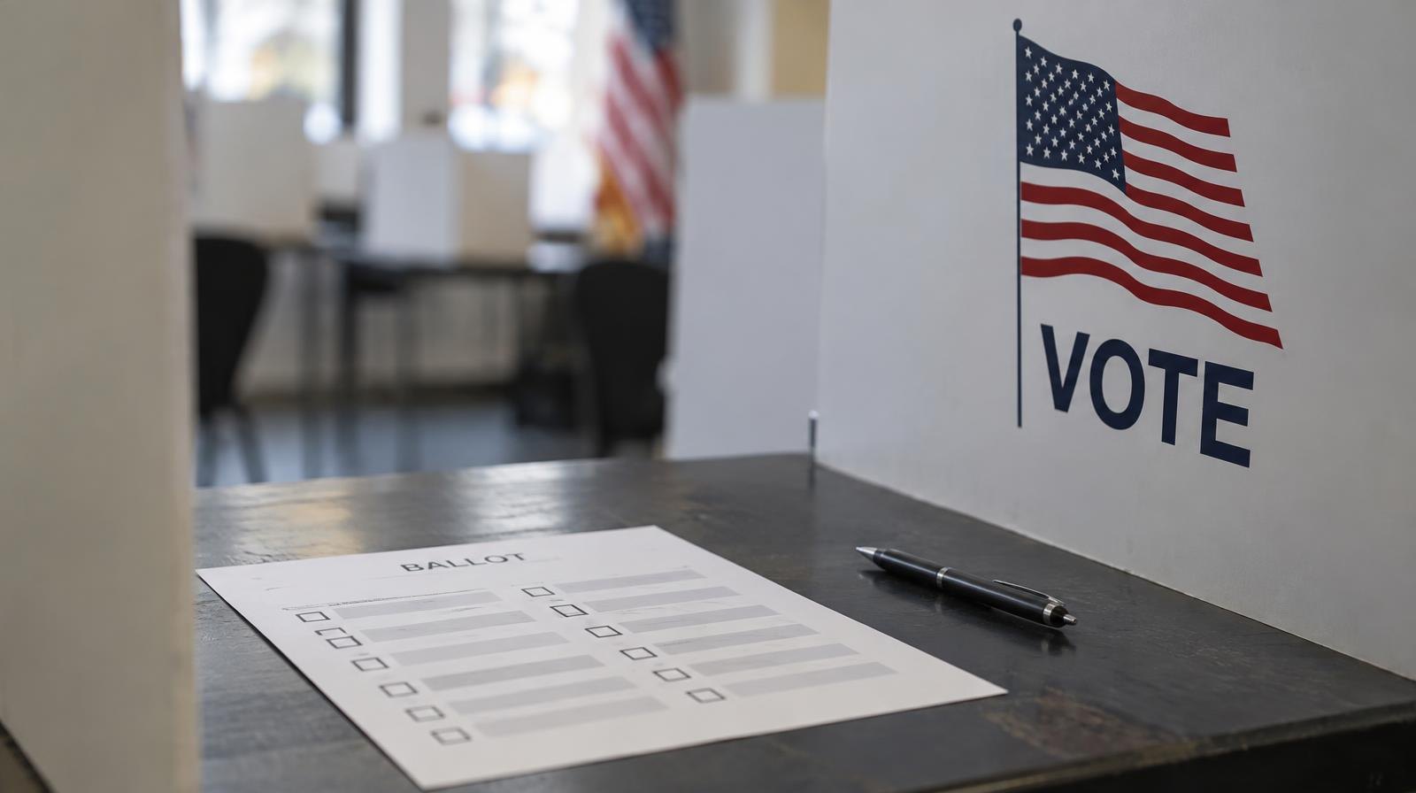 A pen resting beside a ballot at a voting booth privacy screen