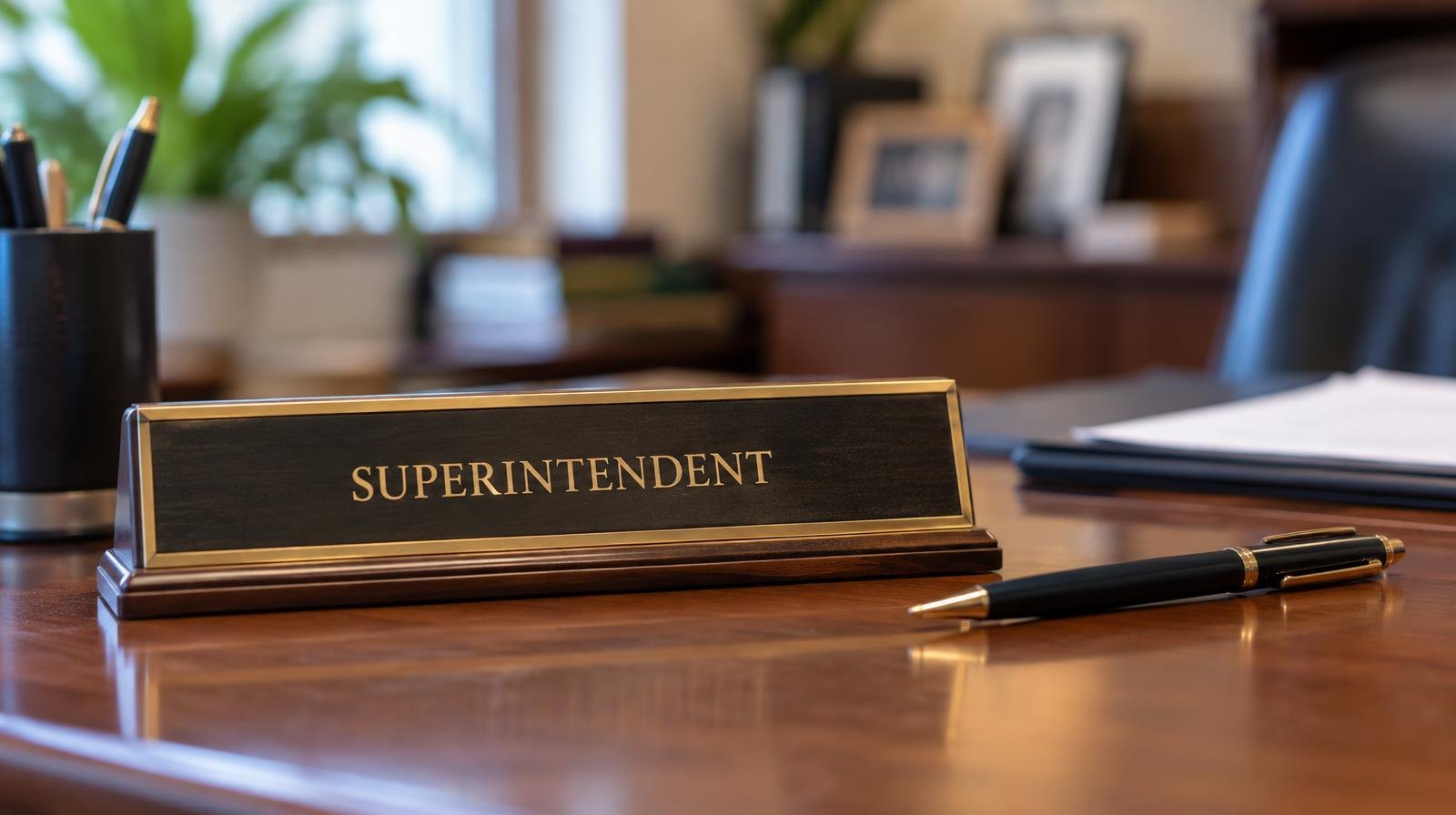A nameplate and pen resting on a polished wooden desk in an office.