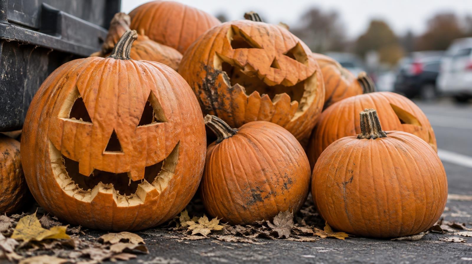 A pile of carved jack-o'-lanterns and whole orange pumpkins outdoors on an autumn day.