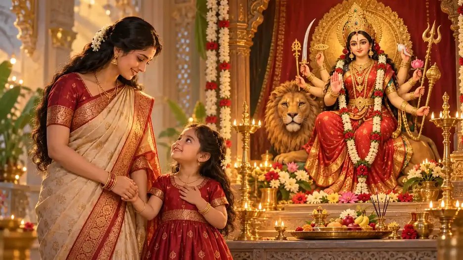 Woman in red sari and young girl standing before a decorated Durga shrine with flowers and lamps.