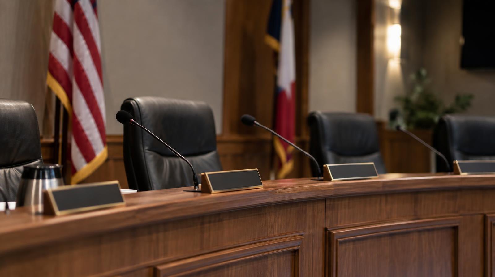 Empty council chamber dais with microphones, name placards, and flags.