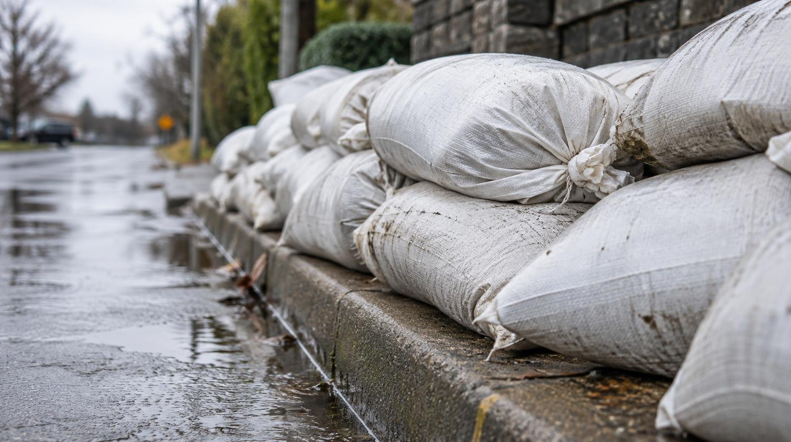 Rows of filled sandbags stacked along a wet curb.