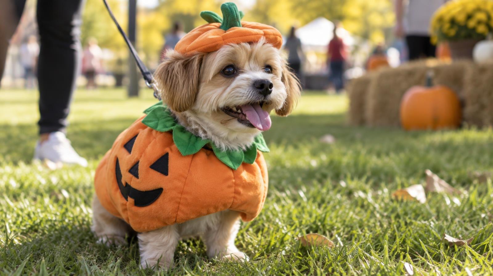 Small dog wearing an orange pumpkin Halloween costume sitting on green grass outdoors.