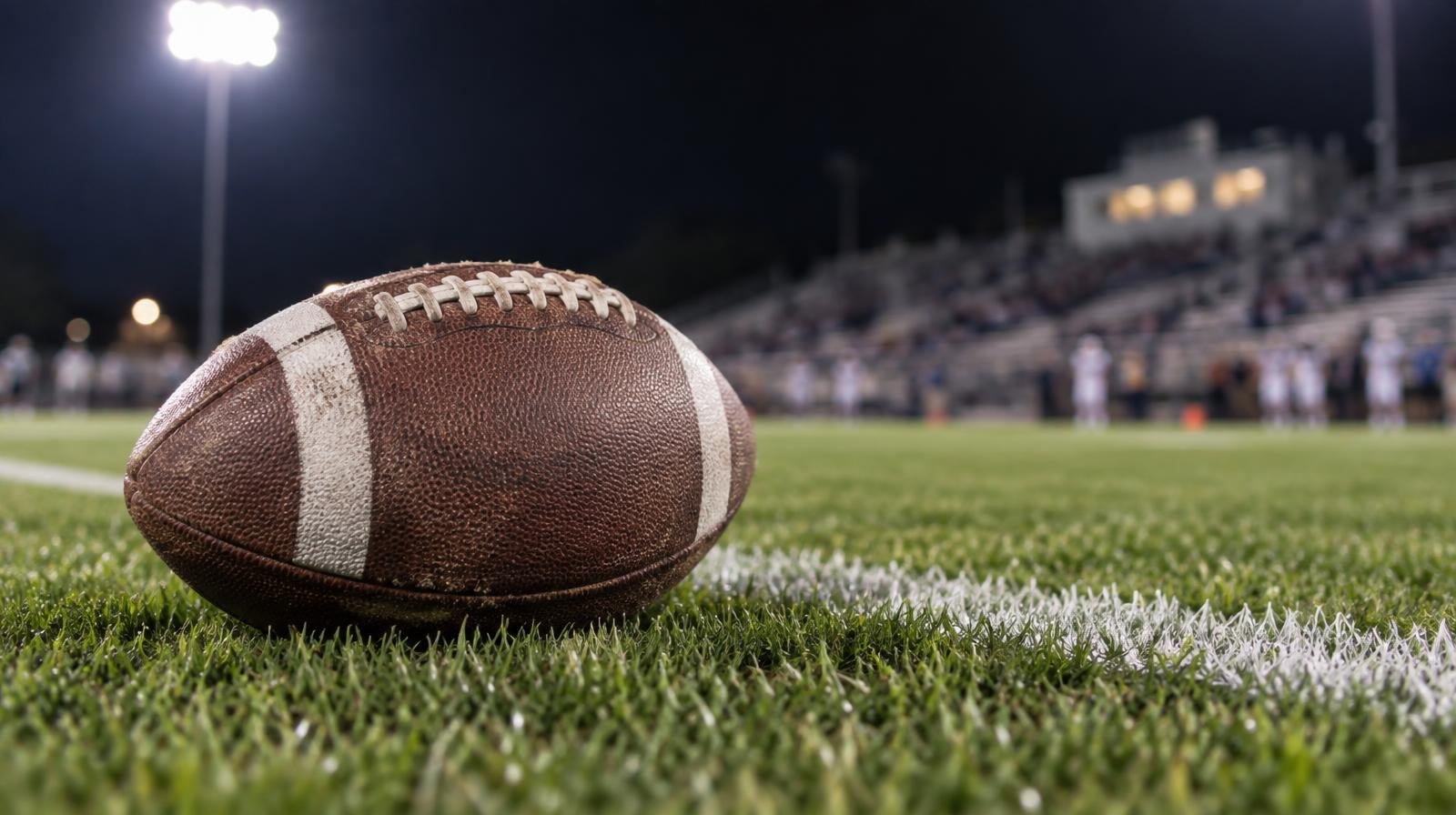 An American football resting on green grass near a white yard line under stadium lights.