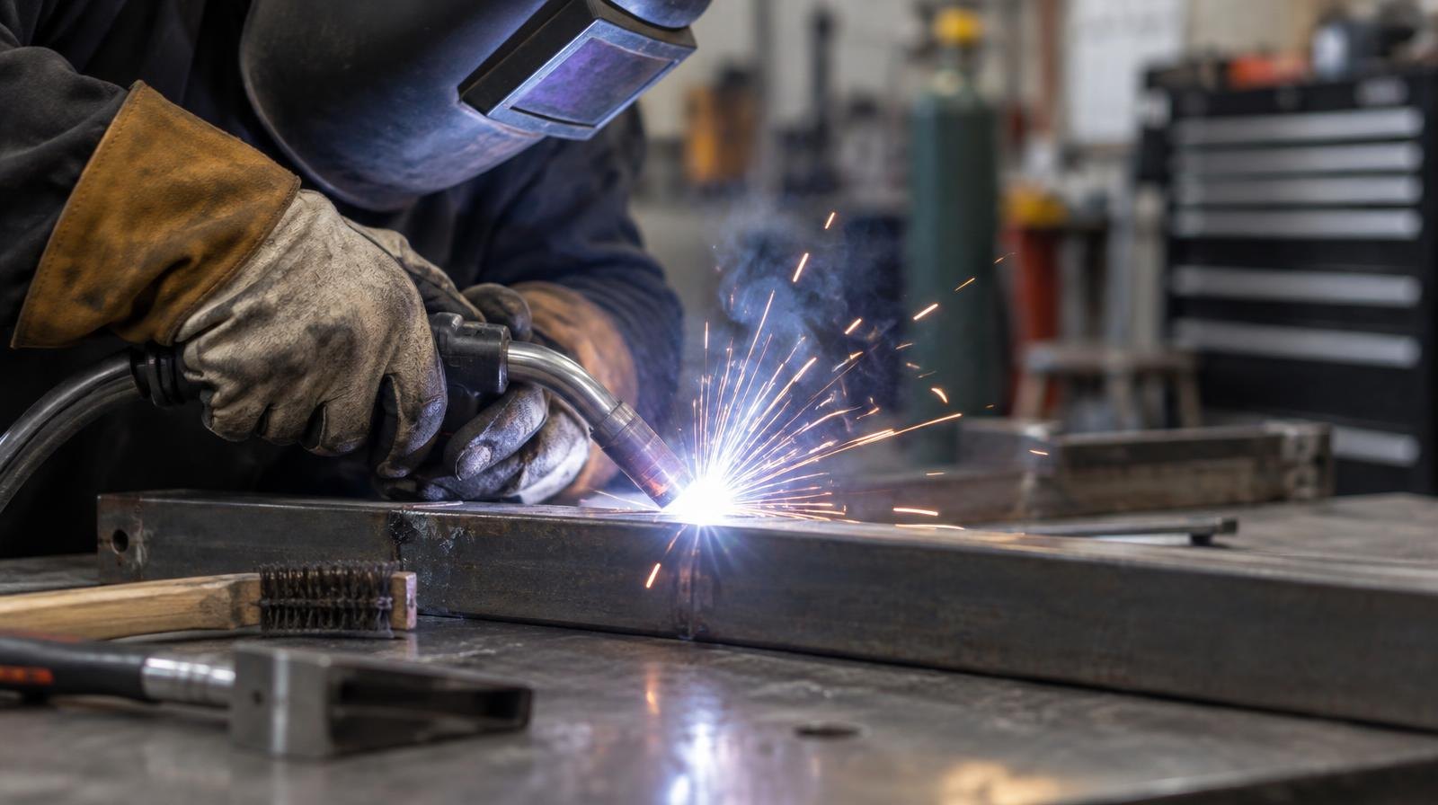 A welding torch producing bright sparks on a metal workpiece on a steel worktable.