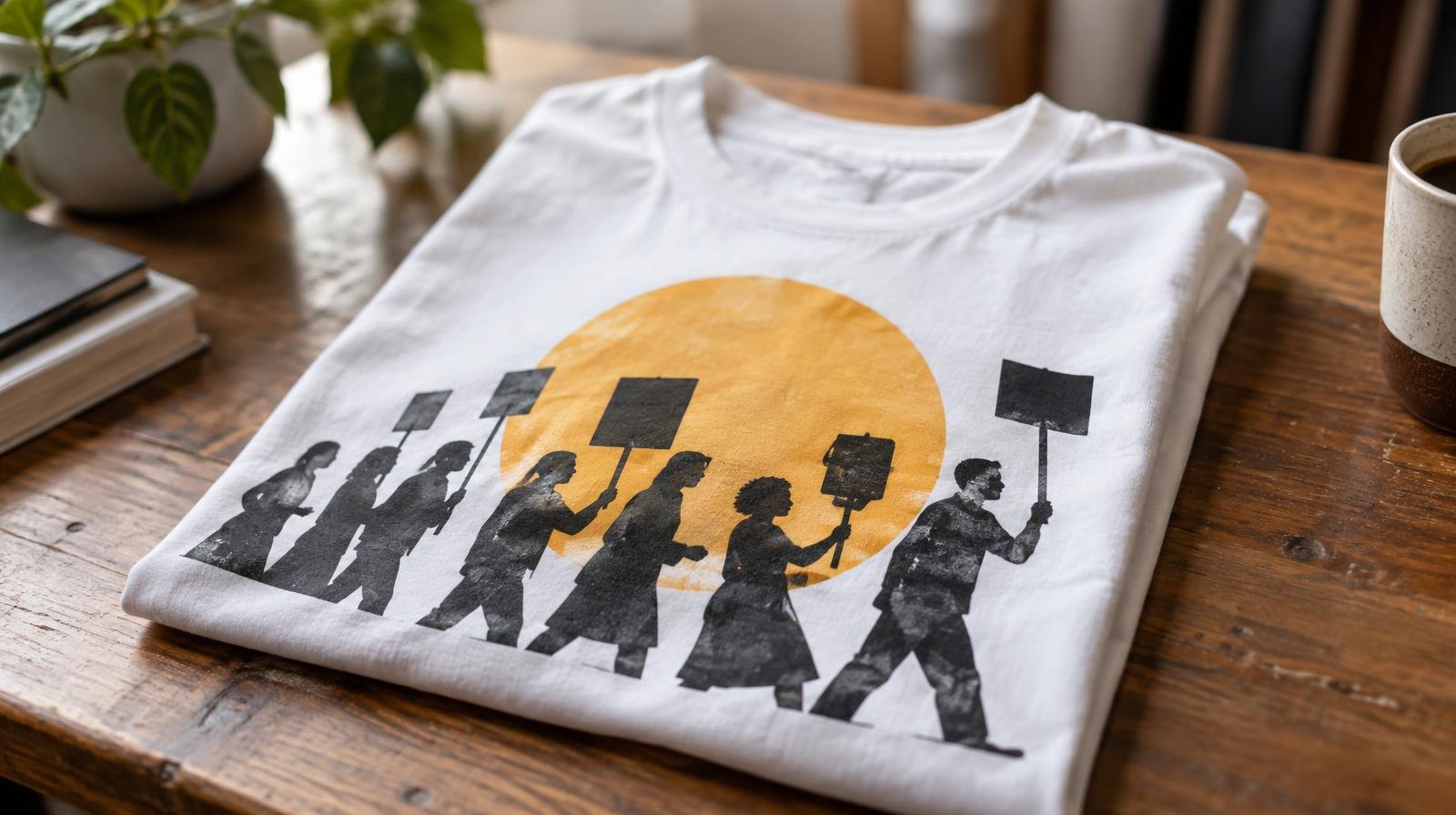 A folded white T-shirt with a graphic print laid flat on a wooden surface.