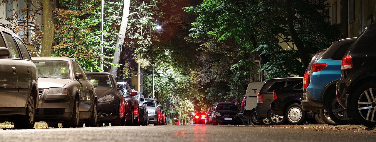 Street, parking, cars, city, night, nightly, asphalt, way, light, nature, car wallpapers, warsaw, transport, car, trees,