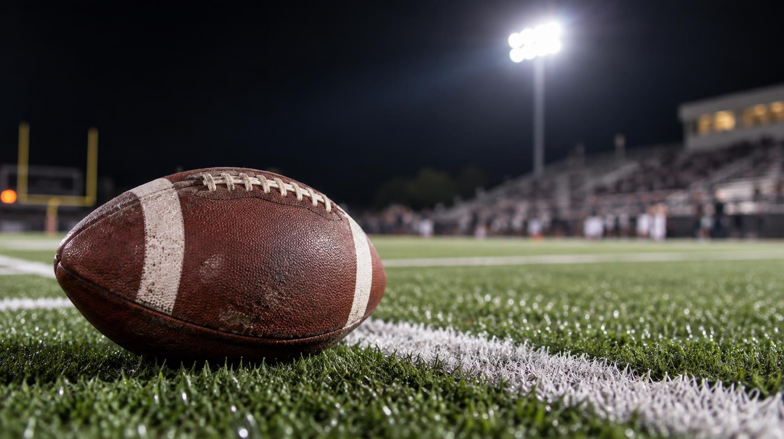 An American football on green artificial turf beside a white yard line under bright stadium lights.