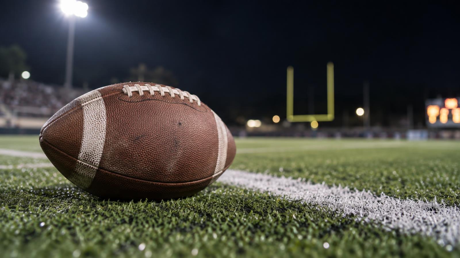 An American football resting on green artificial turf beside a white yard line at night.