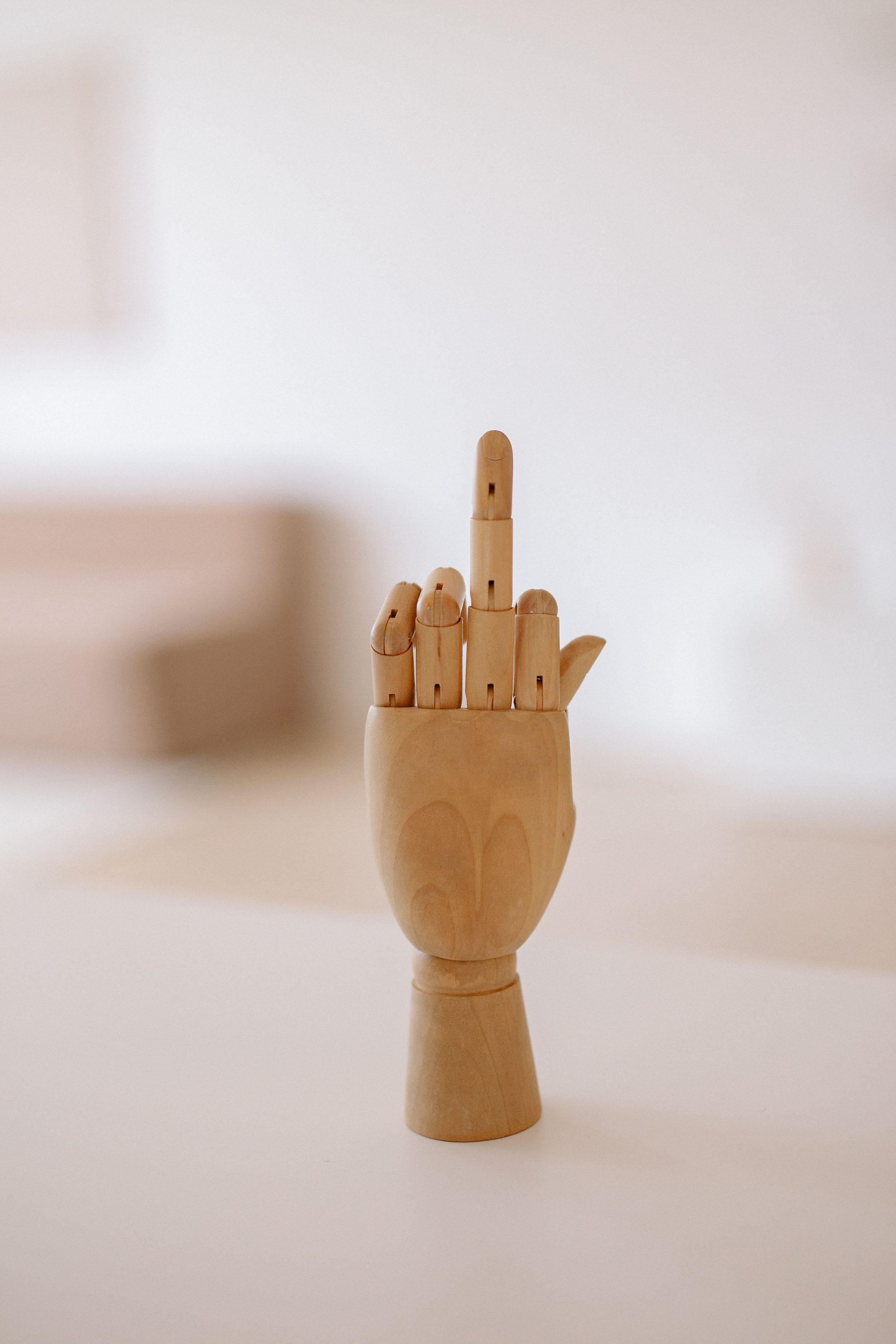 A wooden hand mannequin showing defiance with a middle finger on a soft blurred background.