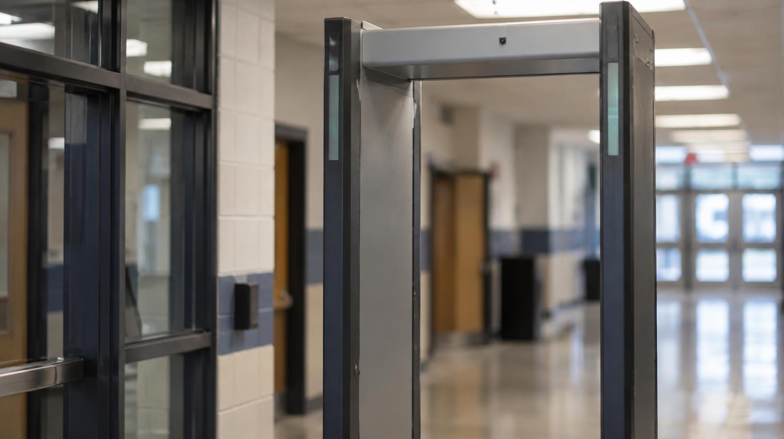 A walk-through weapons detection scanner standing in an institutional hallway entrance.