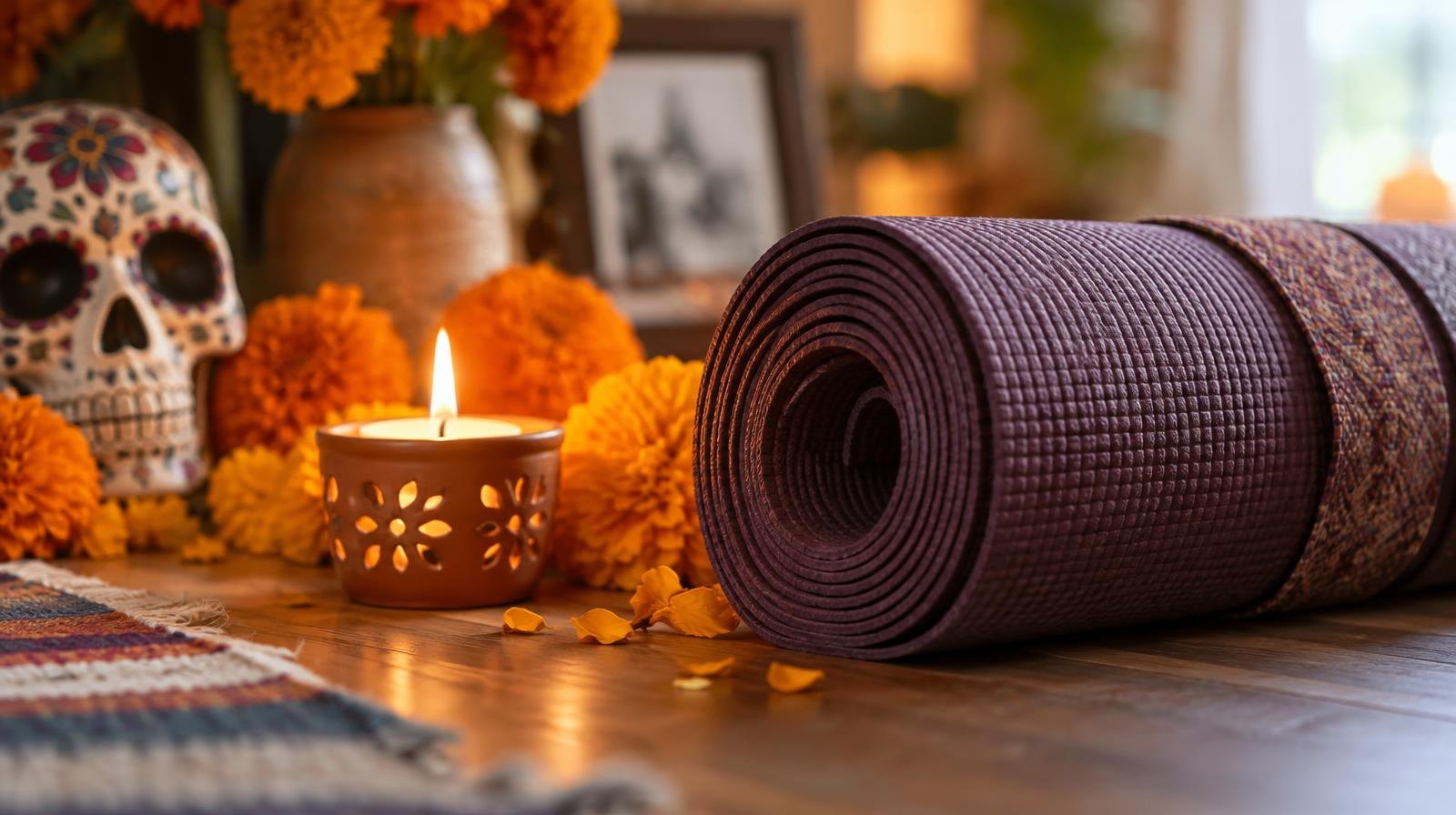 A rolled yoga mat beside orange marigold flowers and a lit candle.