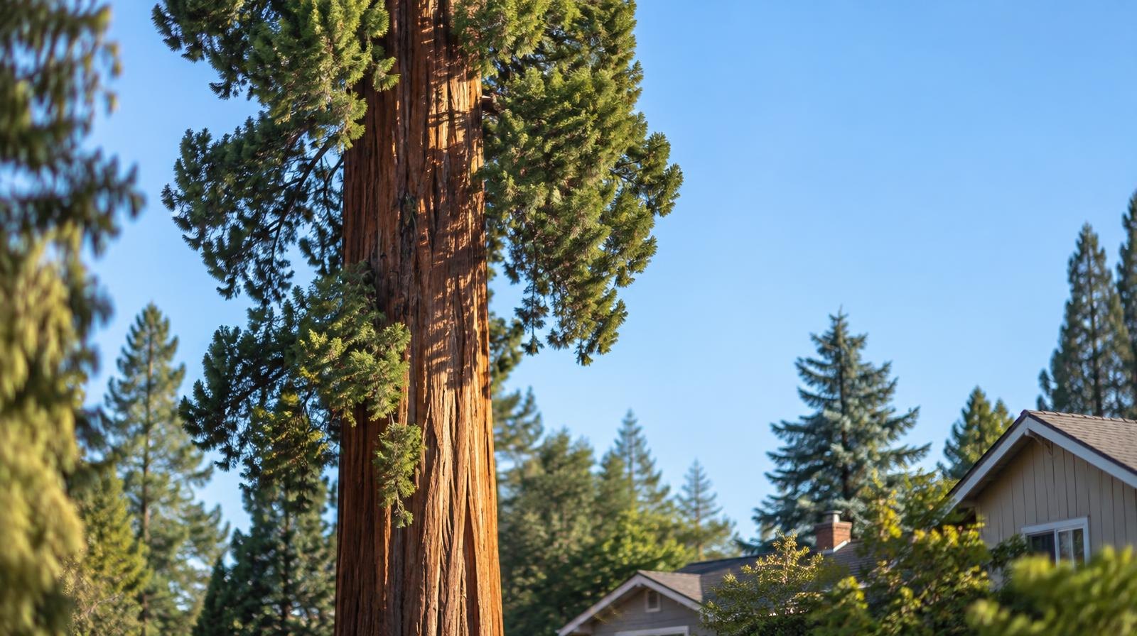 A tall sequoia tree with reddish bark and green foliage against a clear blue sky.