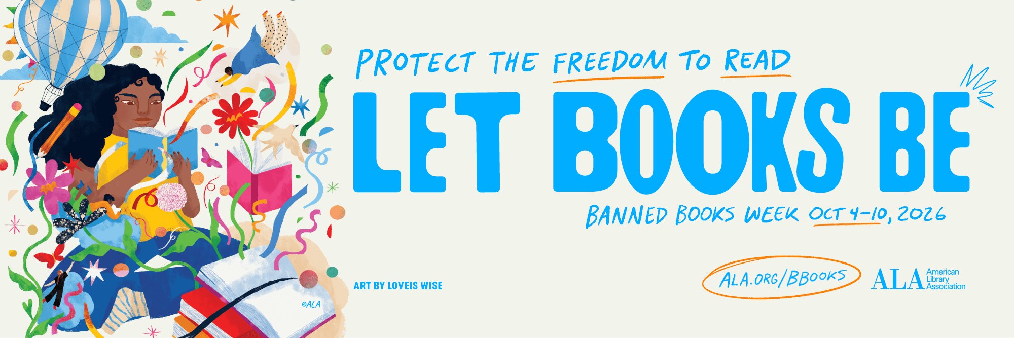 Promotional banner reading 'Let Books Be. Protect the Freedom to Read' with an illustrated figure surrounded by colorful books.