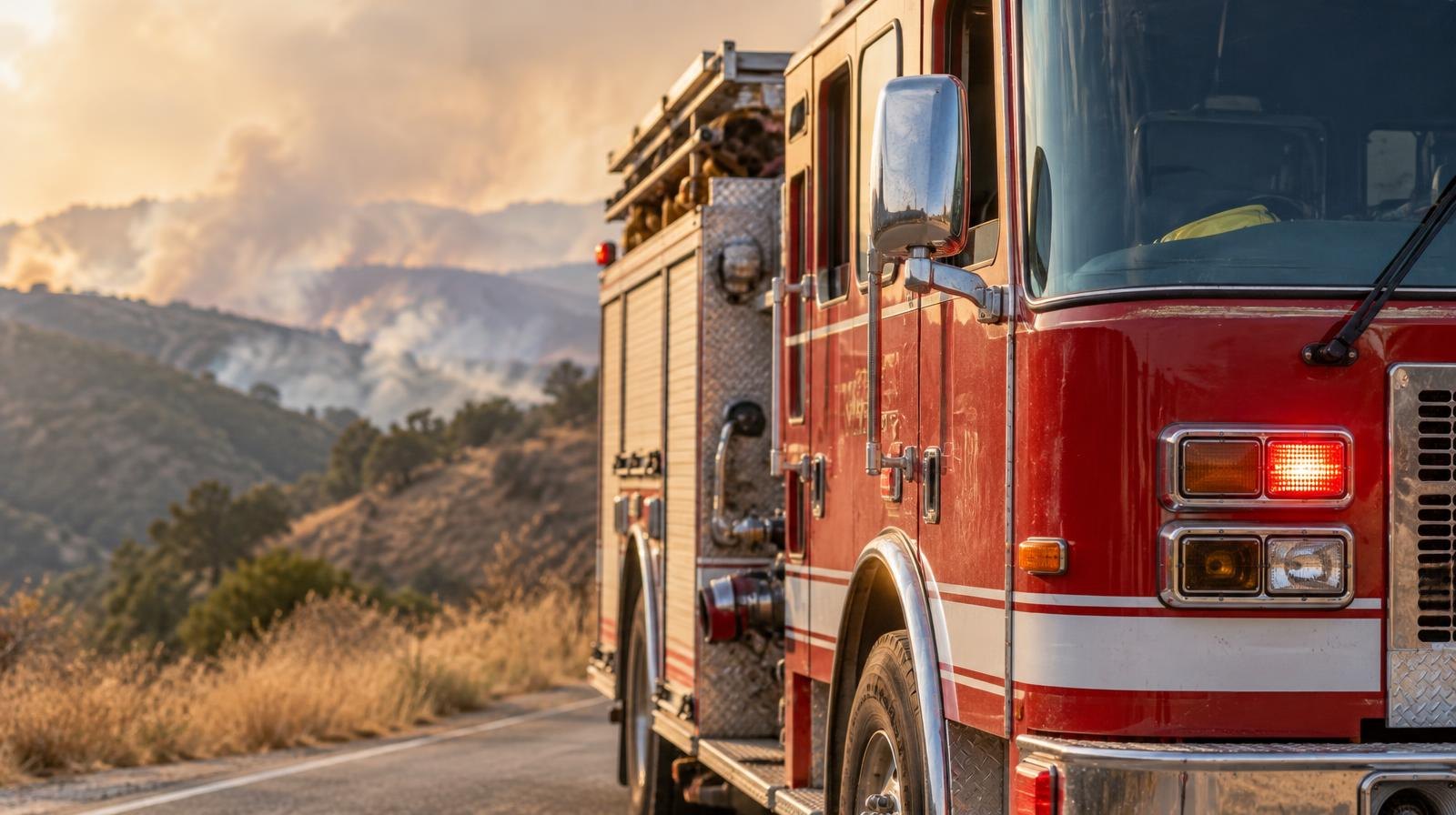Red fire engine parked on a hillside road surrounded by dry golden brush.