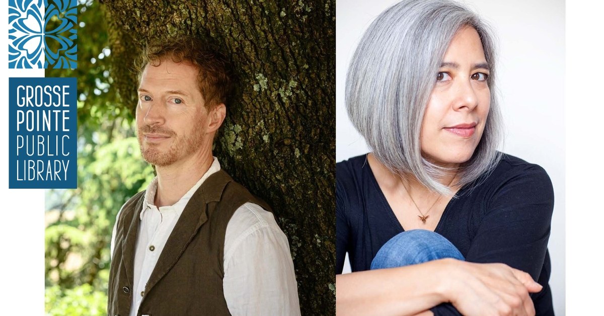Side-by-side composite portrait of two authors with a library logo in the corner.