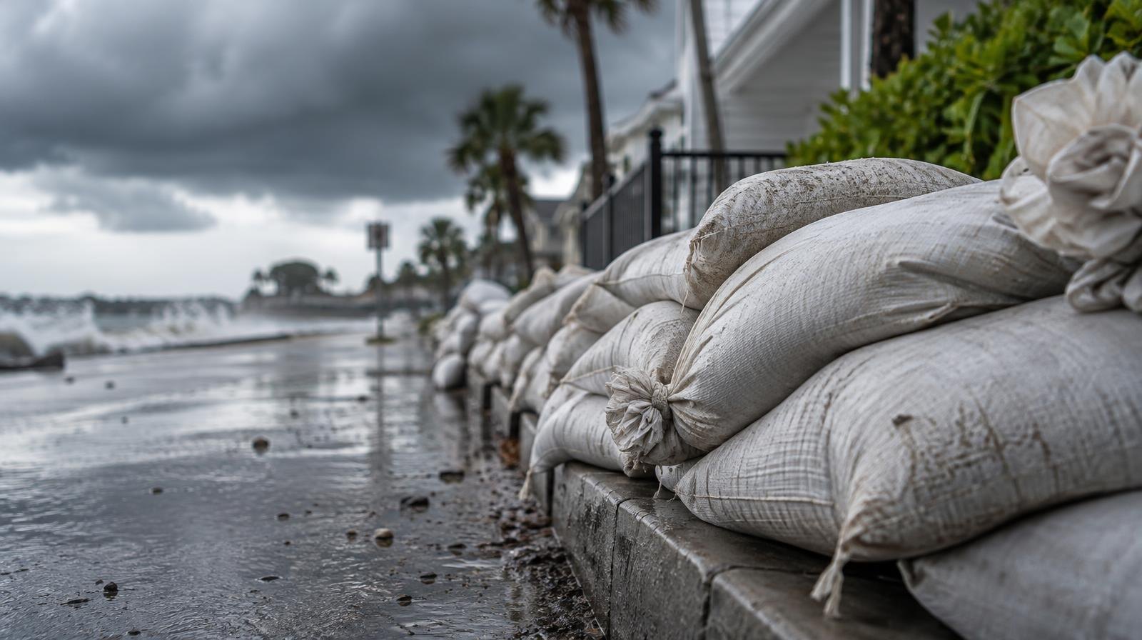 Sandbags stacked along a wet curb under dark storm clouds.
