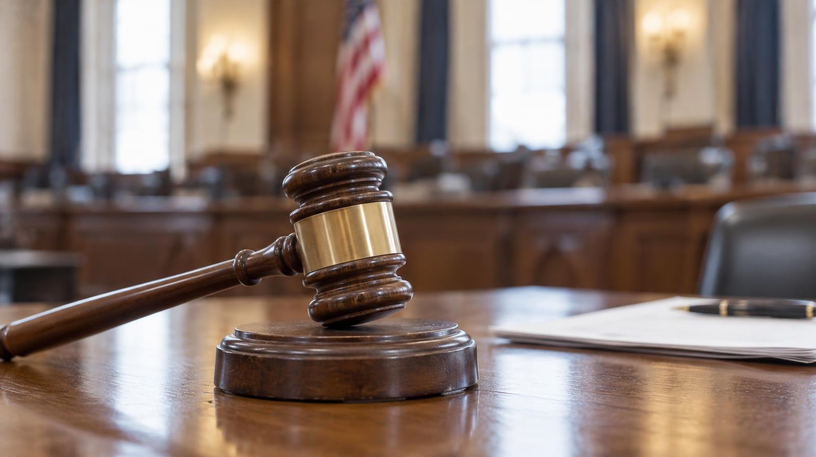 Wooden gavel resting on its sound block on a polished conference table.