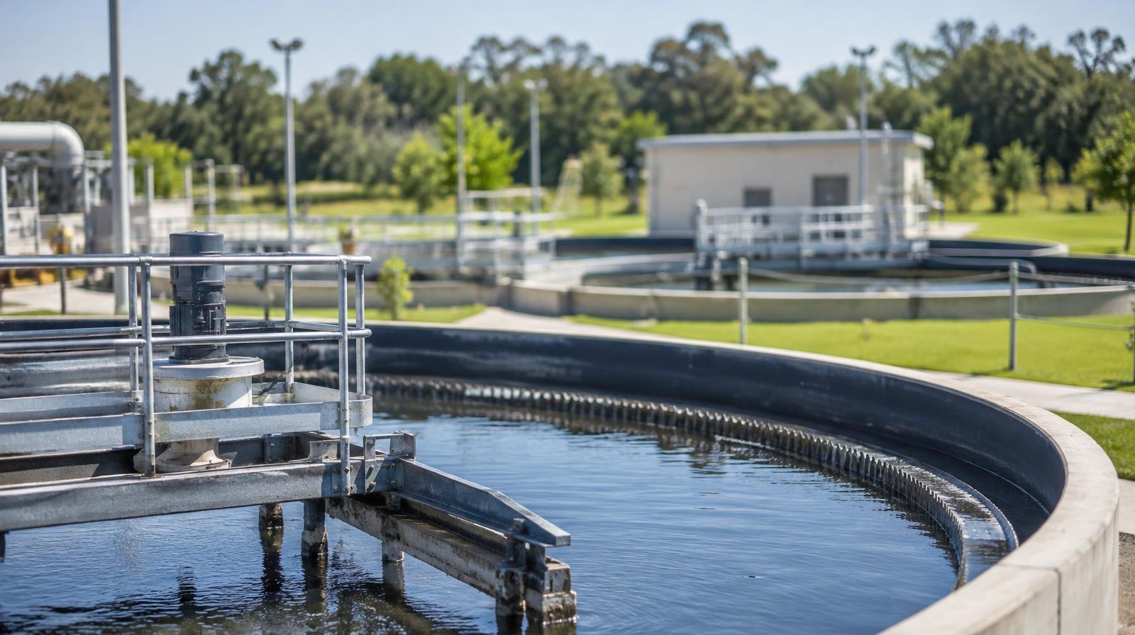 Modern water reclamation facility with circular clarifier tanks surrounded by green landscaping.