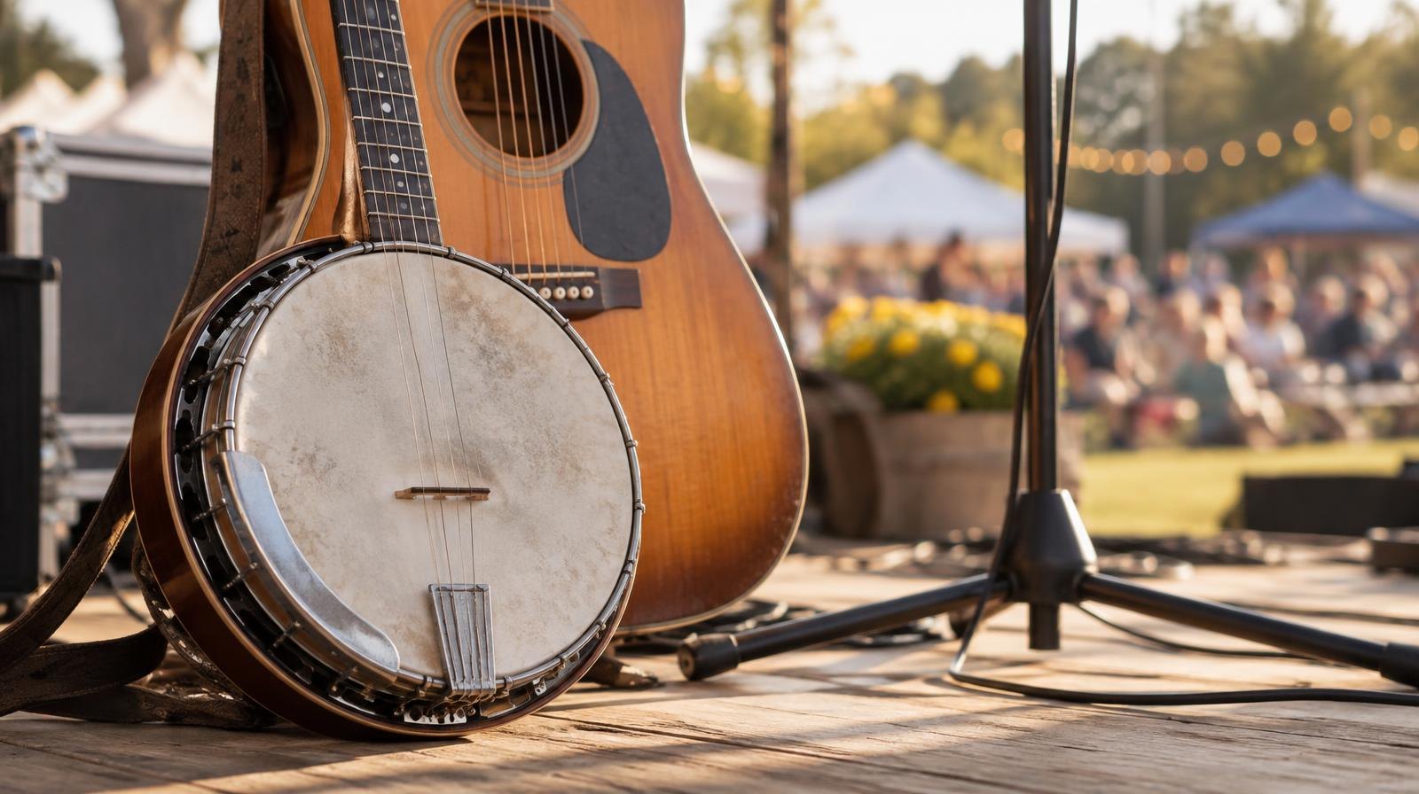 A banjo leaning against an acoustic guitar on a wooden stage floor near a microphone stand.