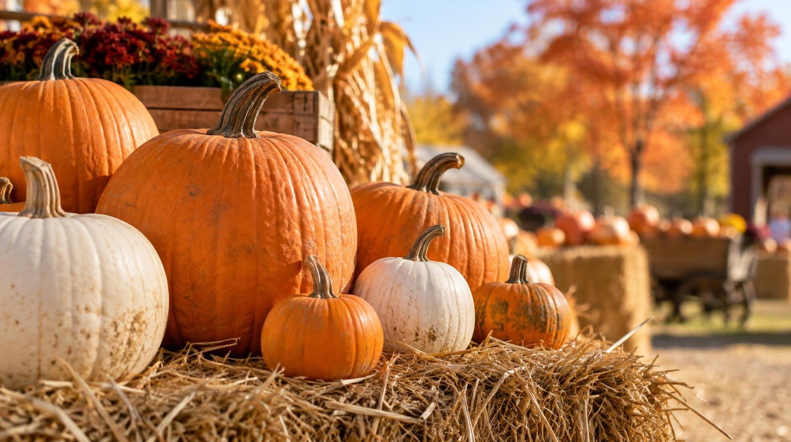 Orange and white pumpkins of various sizes arranged on golden hay bales outdoors.