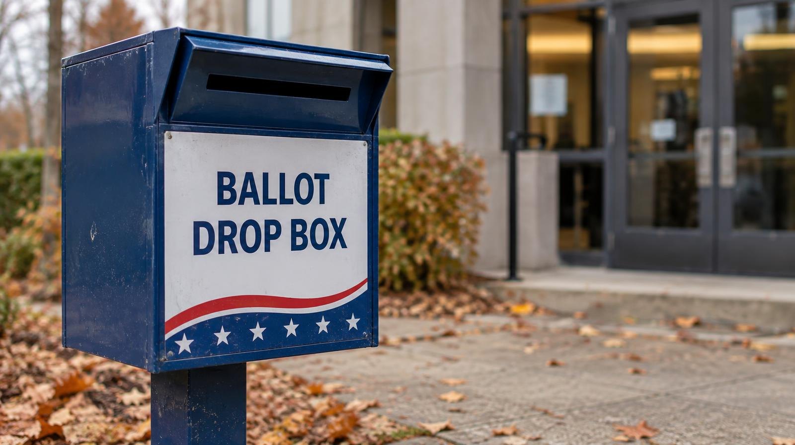 A metal ballot drop box with a slot opening mounted on a post outdoors.