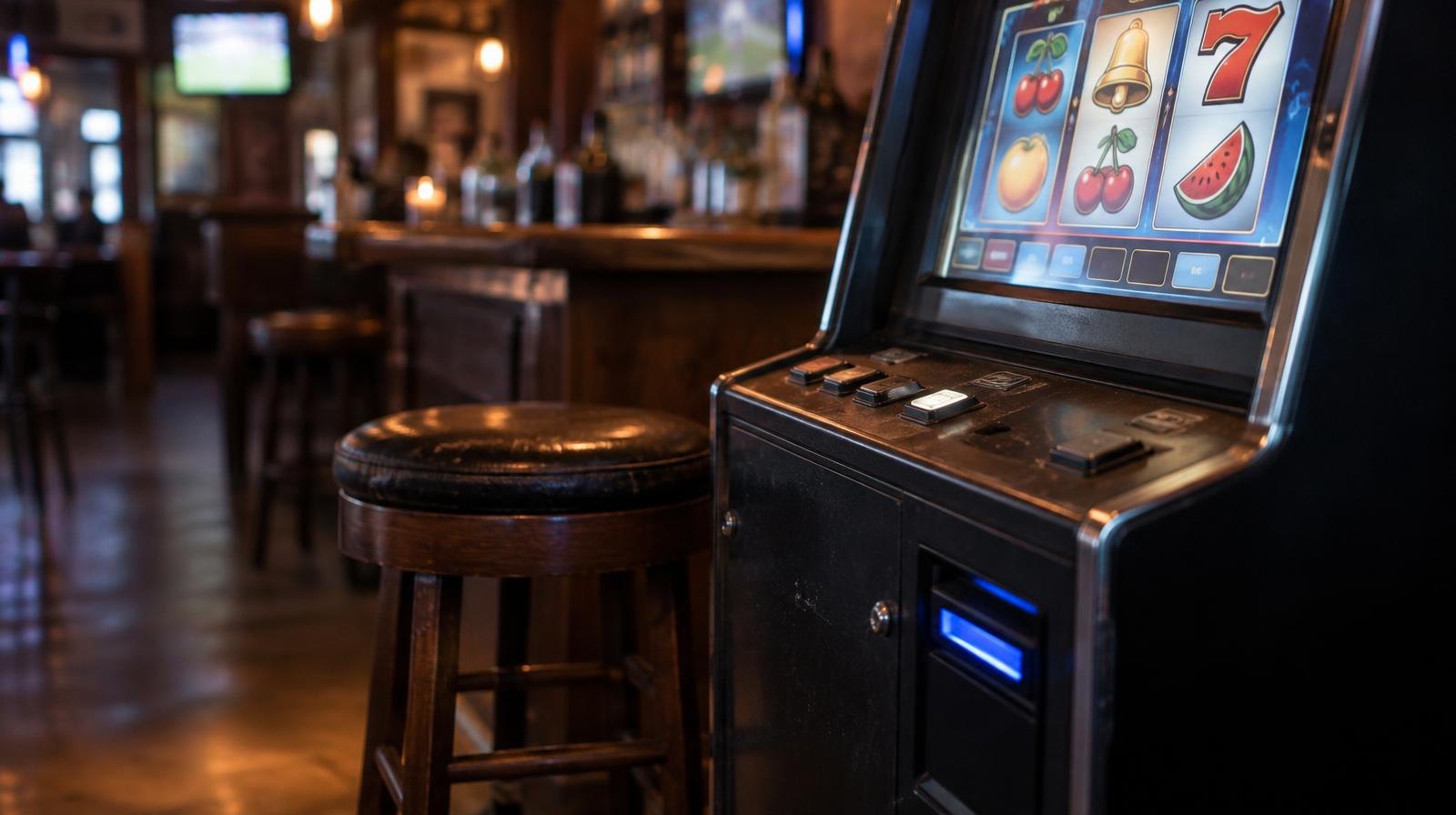 A glowing arcade-style skill game cabinet beside a wooden bar stool.