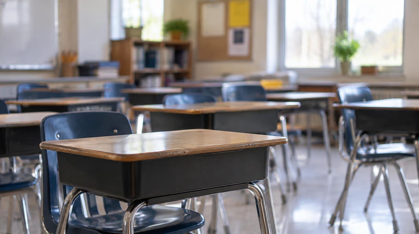 Rows of empty student desks in a bright classroom with large windows.