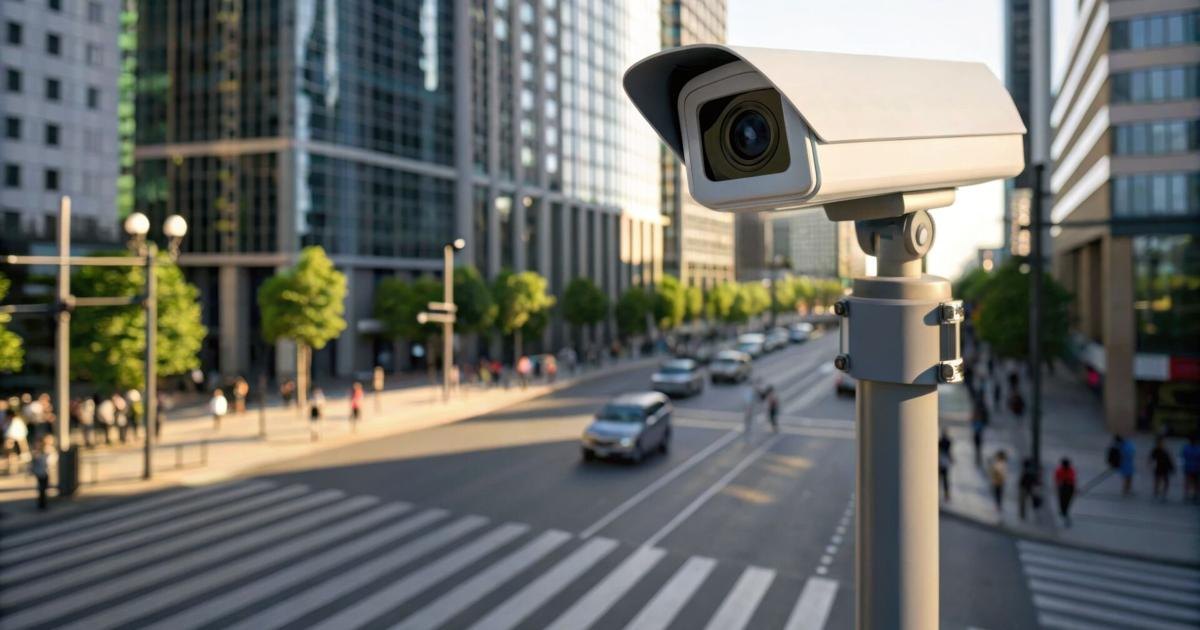 A white surveillance camera mounted on a pole overlooking a city street with crosswalks and pedestrians.